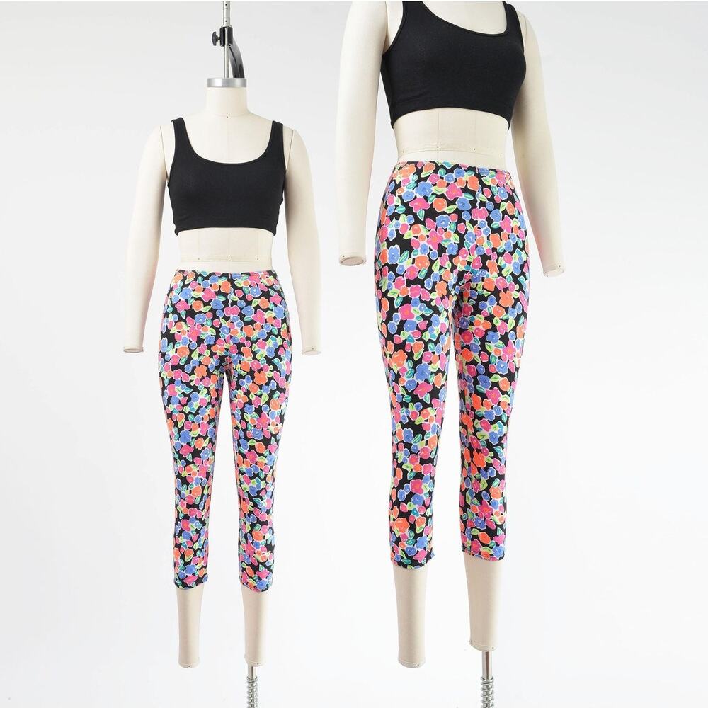 Vintage 80s Neon Floral Capri Leggings Cotton Pants Workout Athleisure XS